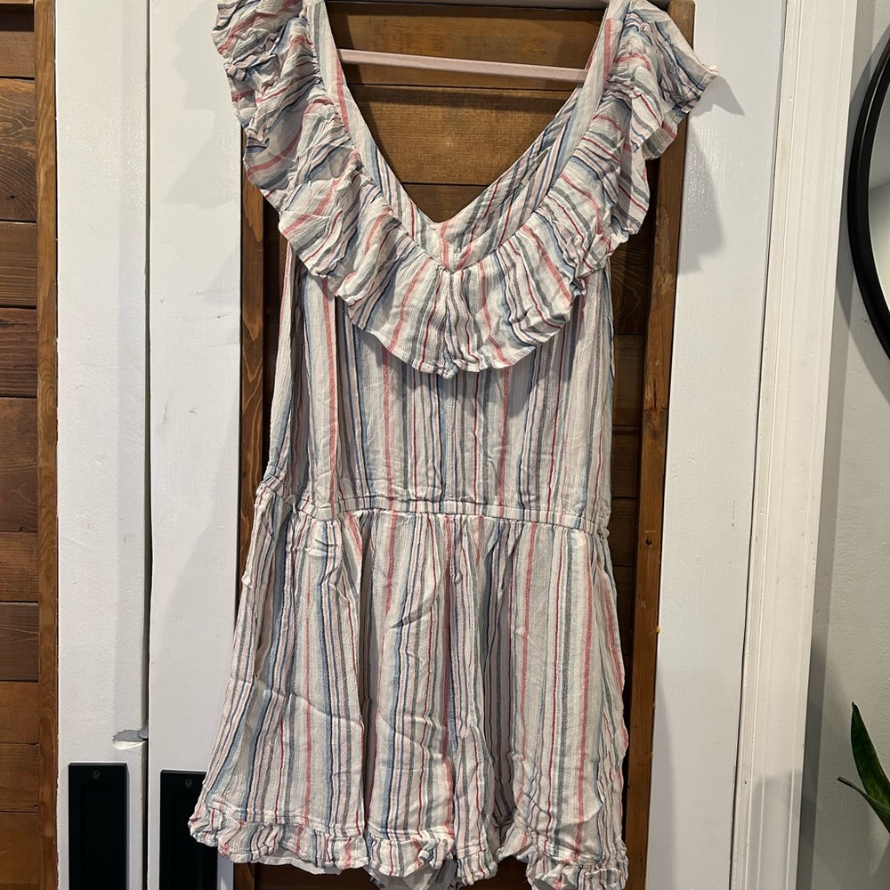 American Eagle Outfitters Striped Ruffle Romper in White, Blue & Red